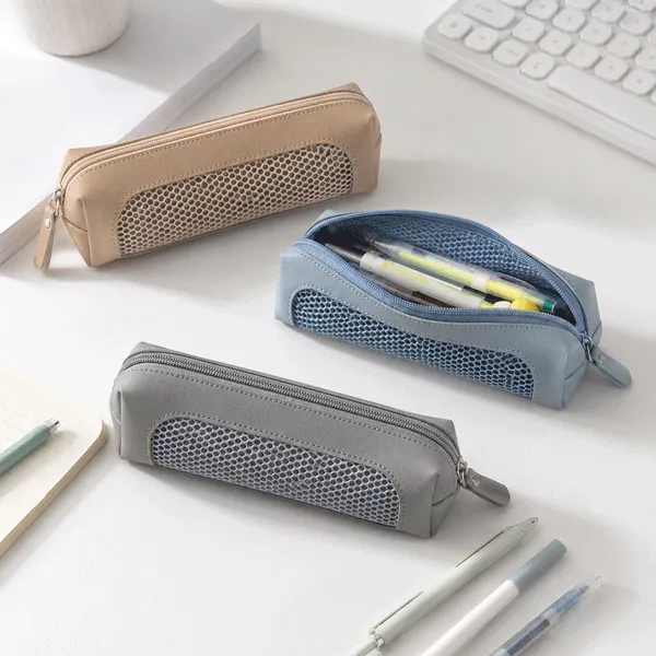 PU Spliced Mesh Zipper Pouch, Student & Office Stationery Storage Bag